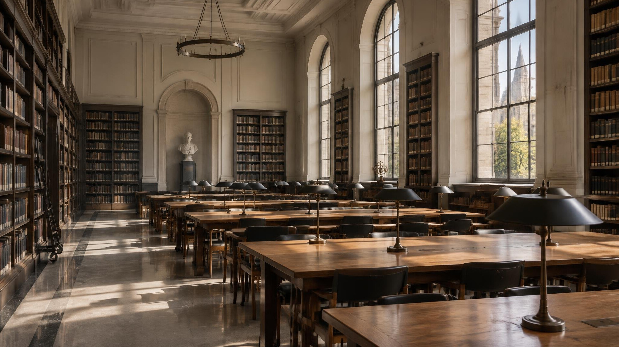 Leerer Lesesaal einer Forschungsbibliothek in warmem Licht