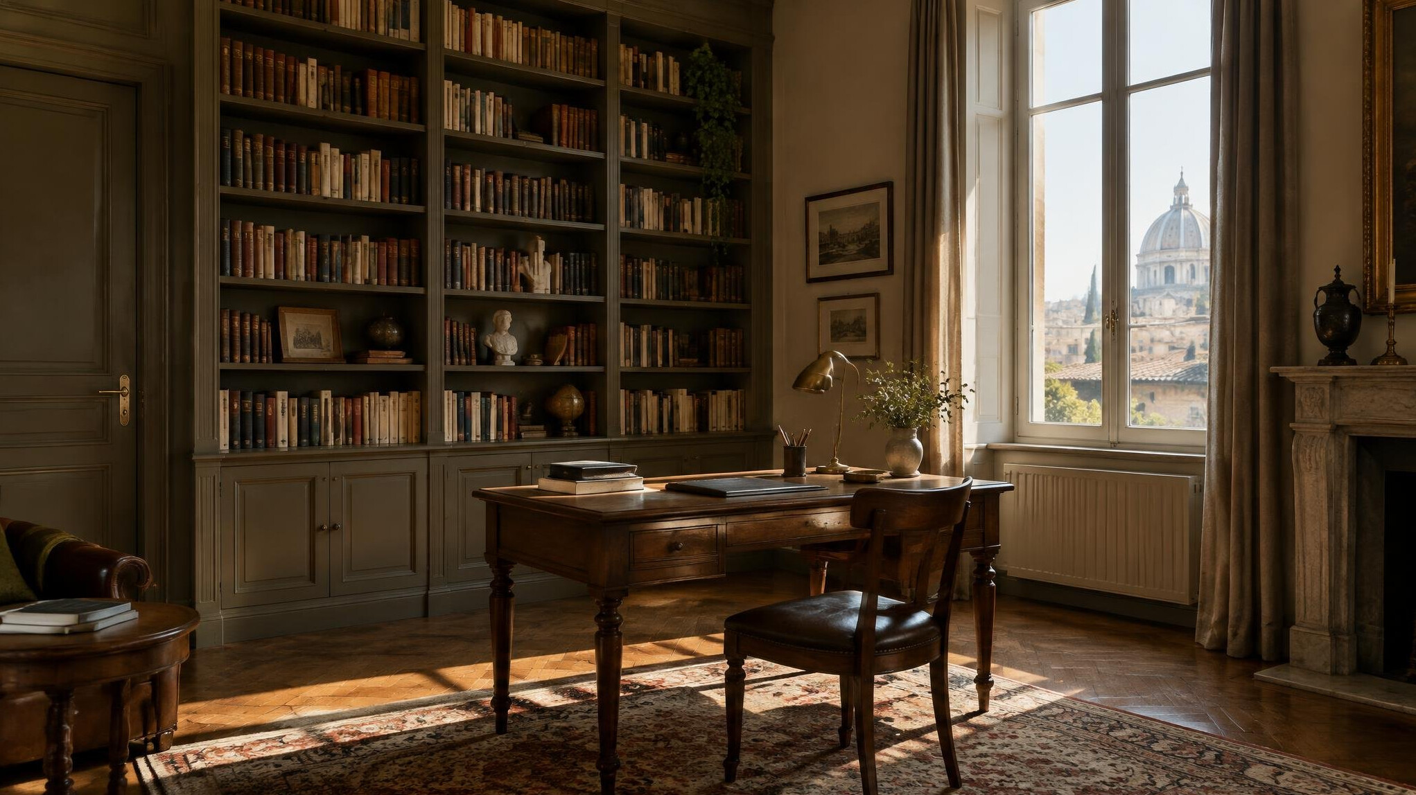 Redaktionelles Arbeitszimmer mit Bücherregalen und Holzschreibtisch in warmem Licht