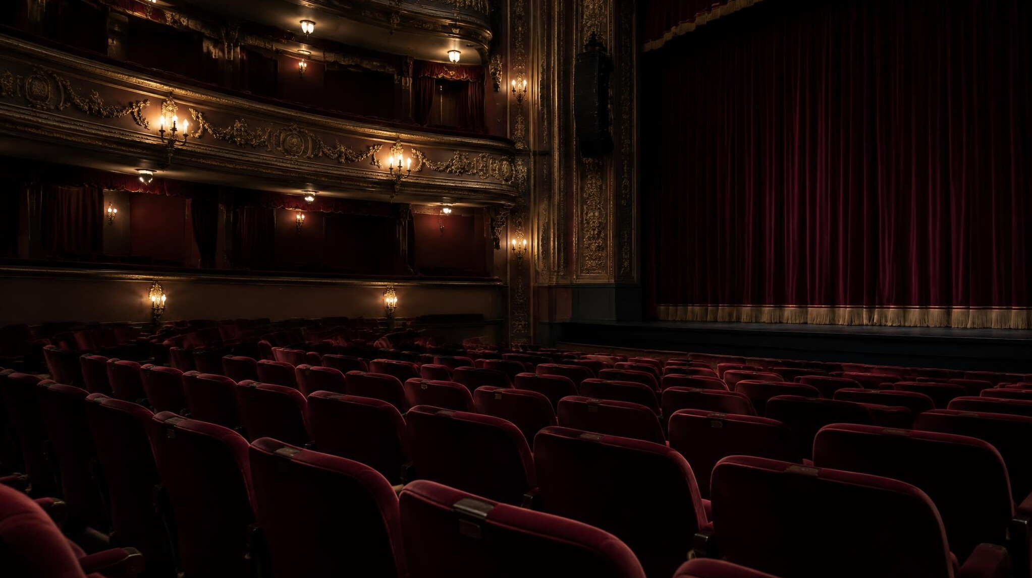 Leerer Theatersaal mit Sitzreihen in gedämpftem Licht